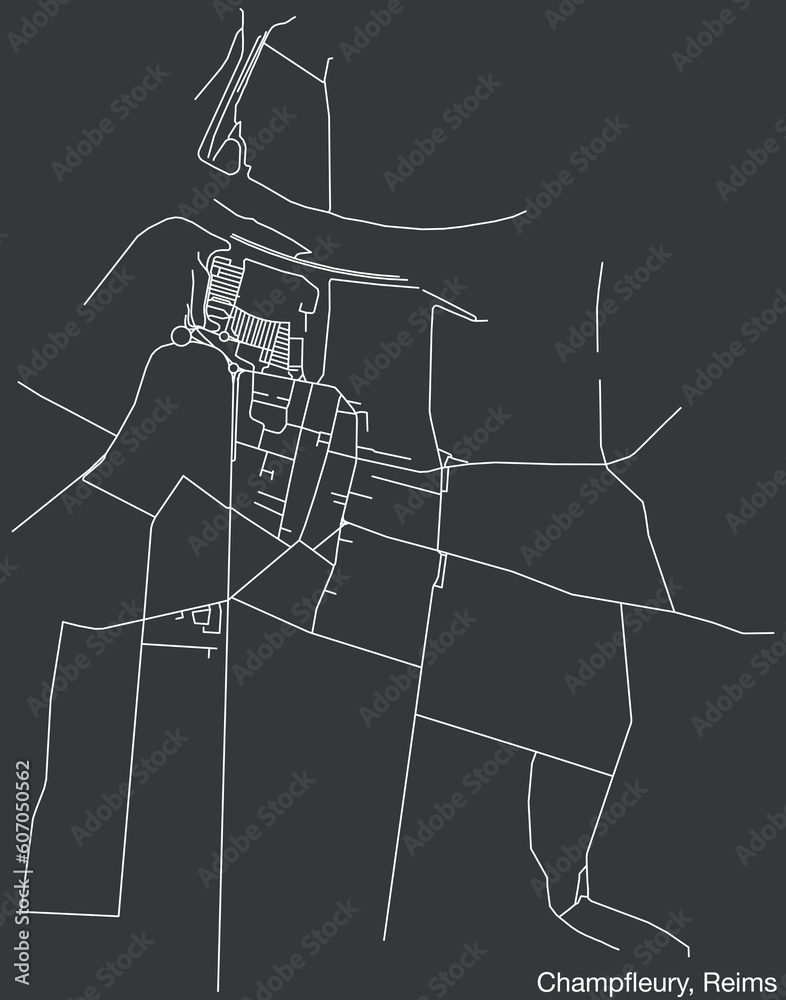 Detailed hand-drawn navigational urban street roads map of the CHAMPFLEURY COMMUNE of the French city of REIMS, France with vivid road lines and name tag on solid background