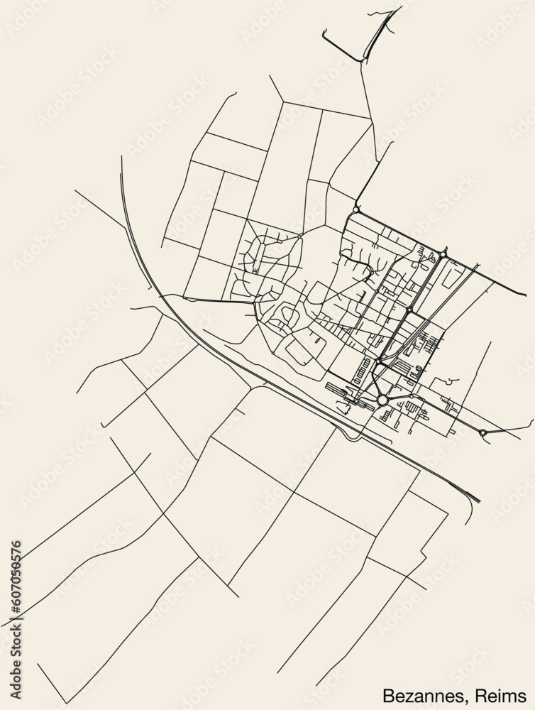 Detailed hand-drawn navigational urban street roads map of the BEZANNES COMMUNE of the French city of REIMS, France with vivid road lines and name tag on solid background