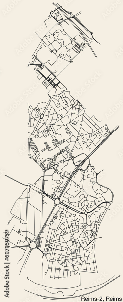 Detailed hand-drawn navigational urban street roads map of the REIMS-2 CANTON of the French city of REIMS, France with vivid road lines and name tag on solid background