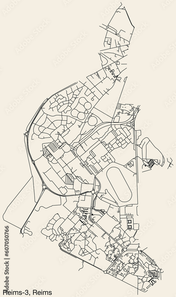 Detailed hand-drawn navigational urban street roads map of the REIMS-3 CANTON of the French city of REIMS, France with vivid road lines and name tag on solid background