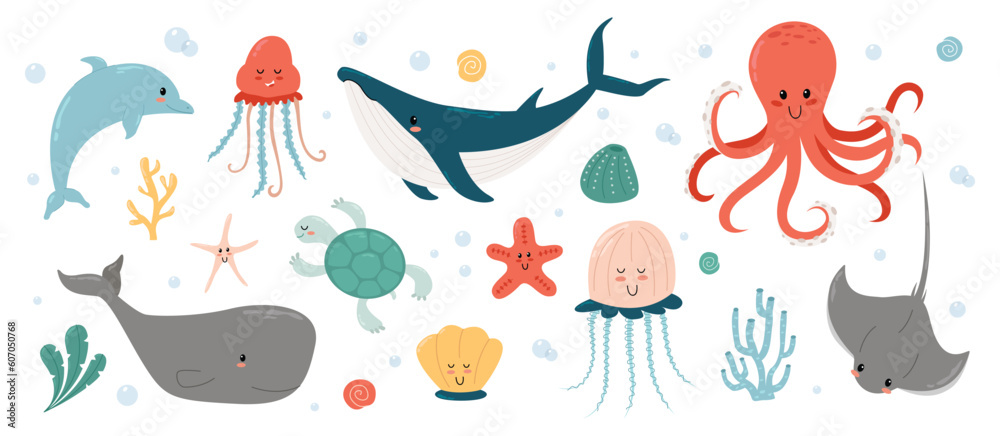 Set with hand drawn sea life elements. Vector doodle cartoon set of marine life objects for your design. Marine fauna.