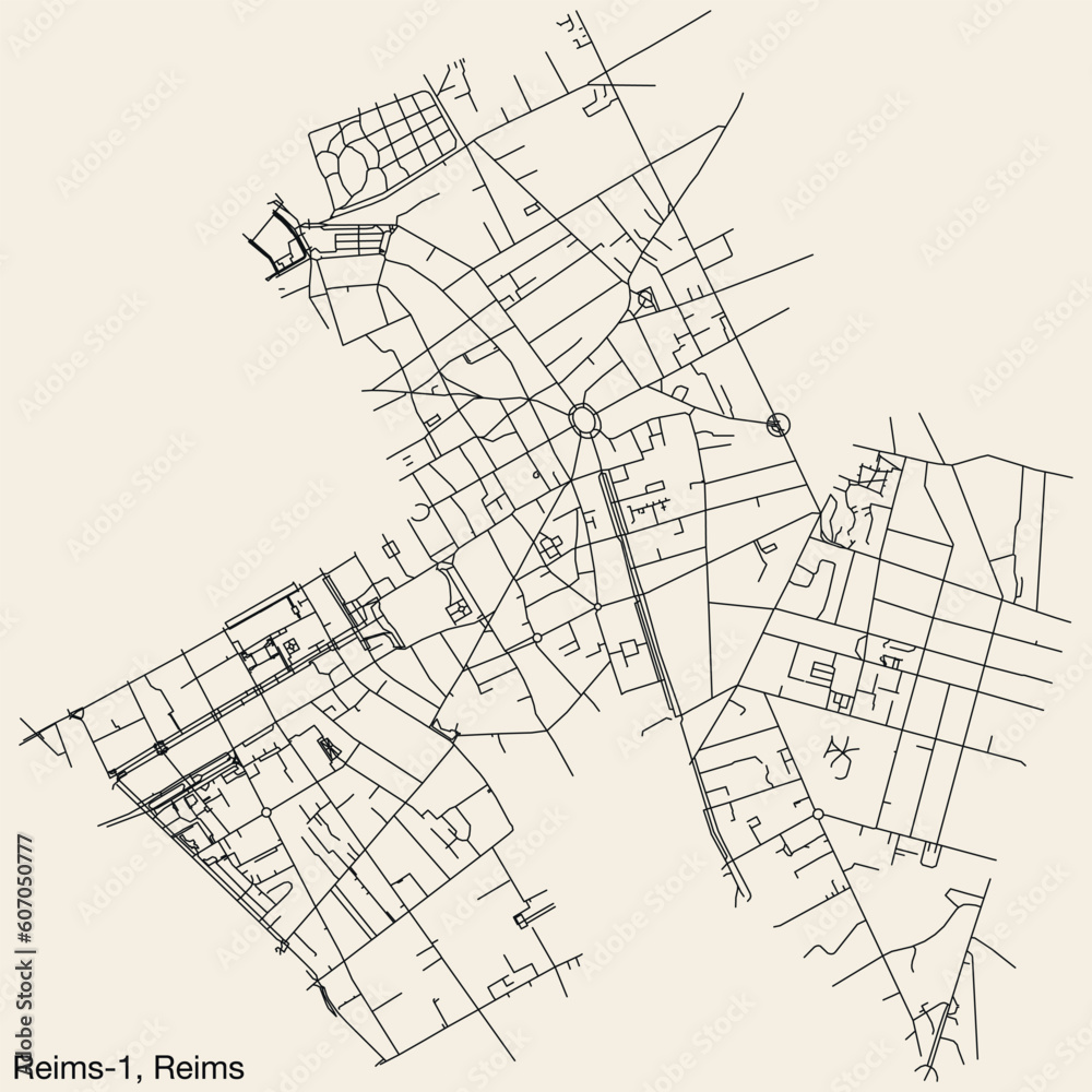 Detailed hand-drawn navigational urban street roads map of the REIMS-1 CANTON of the French city of REIMS, France with vivid road lines and name tag on solid background