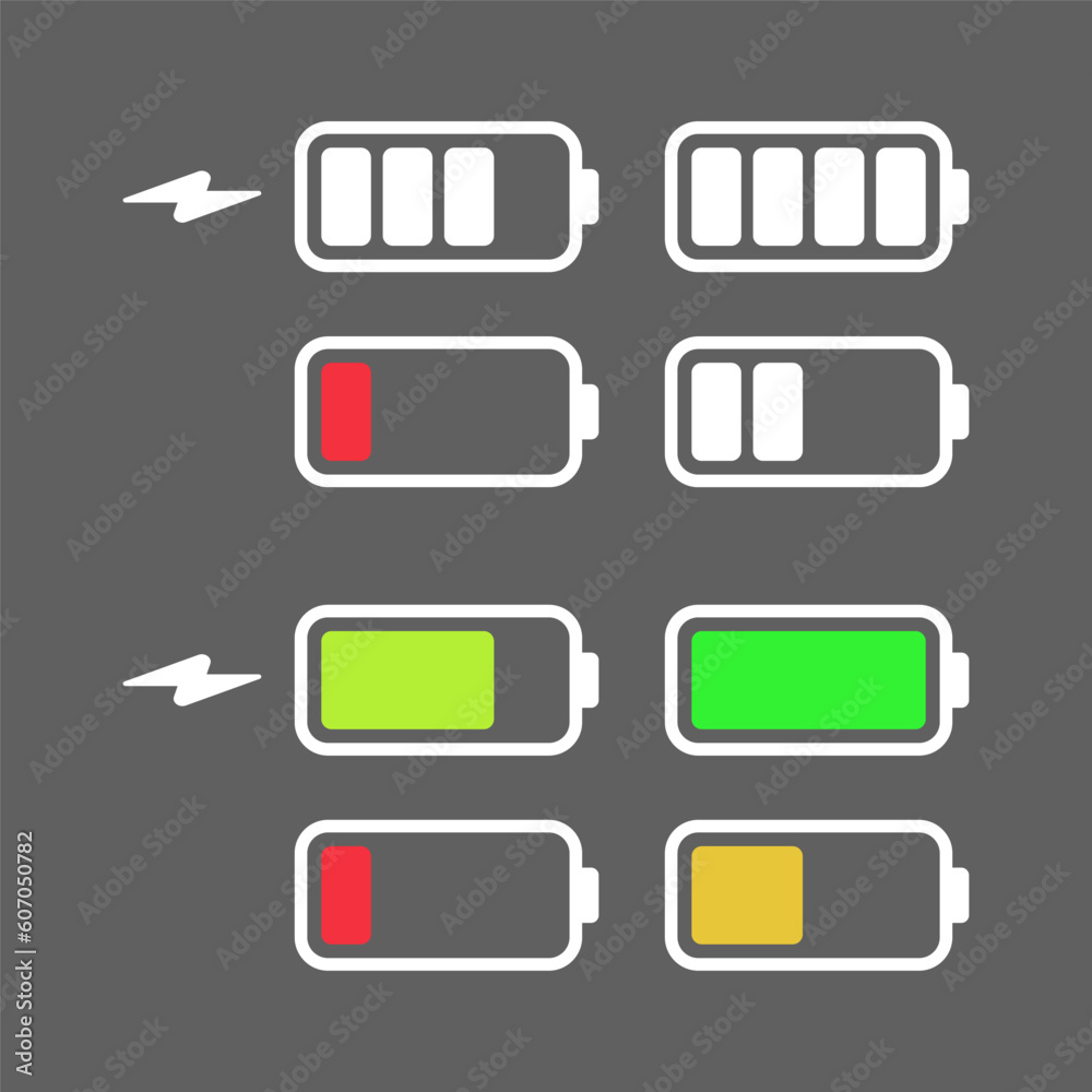 Battery charging and level indicator concept illustration, glyph, and flat icon set design. Editable vector EPS10
