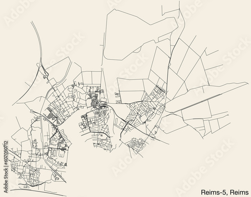 Detailed hand-drawn navigational urban street roads map of the REIMS-5 CANTON of the French city of REIMS, France with vivid road lines and name tag on solid background