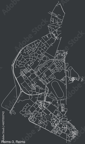 Detailed hand-drawn navigational urban street roads map of the REIMS-3 CANTON of the French city of REIMS, France with vivid road lines and name tag on solid background