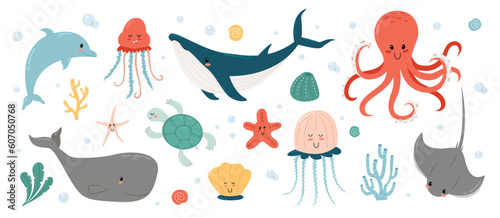 Set with hand drawn sea life elements. Vector doodle cartoon set of marine life objects for your design. Marine fauna.