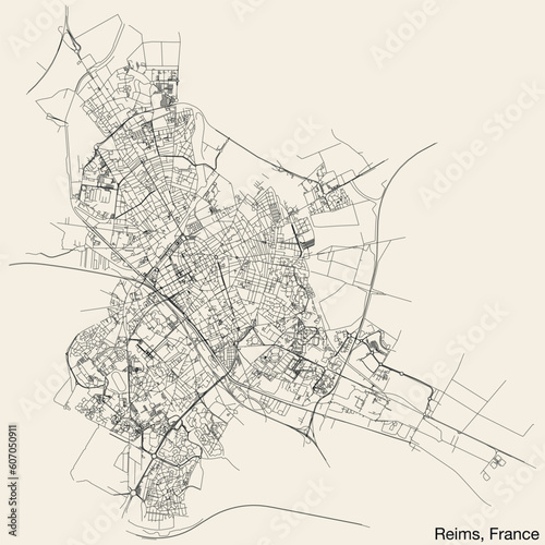 Detailed hand-drawn navigational urban street roads map of the French city of REIMS, FRANCE with solid road lines and name tag on vintage background