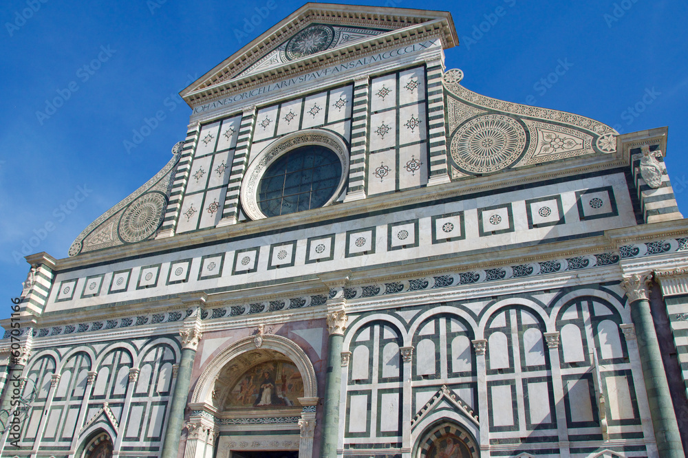 Santa Maria Novella Basilica facade with black and white design in Florence, Italy
