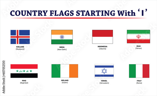 Country Flags with the Letter I.
Vector Set of Flat Shield Icons Representing Global Nations. Comprehensive Collection of Country Flags and Continent Icons. Royalty-Free Vector Illustration