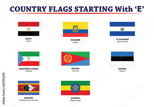 Country Flags with the Letter E.
Vector Set of Flat Shield Icons Representing Global Nations. Comprehensive Collection of Country Flags and Continent Icons. Royalty-Free Vector Illustration