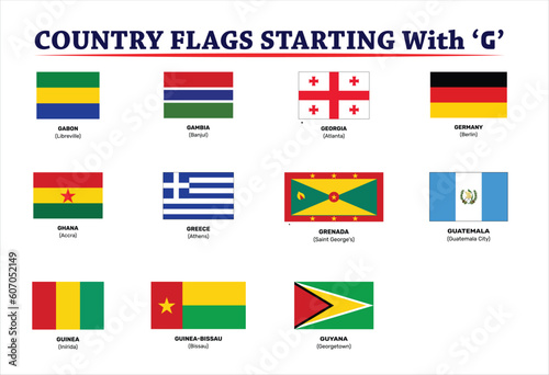 Global Flags Vector Set of Flat Shield Icons Featuring Country Flags with the Letter G. Complete Collection of Country Flags from Around the World and Continent. Royalty-Free Vector Illustration