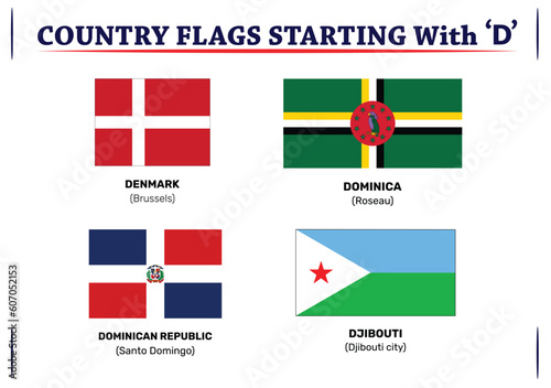Global Flags: Vector Set of Flat Shield Icons Featuring Country Flags with the Letter D. Complete Collection of Country Flags from Around the World and Continent. Royalty-Free Vector Illustration