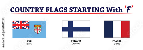 Global Flags: Vector Set of Flat Shield Icons Featuring Country Flags with the Letter F. Complete Collection of Country Flags from Around the World and Continent. Royalty-Free Vector Illustration