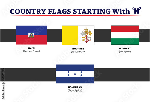 Country Flags with the Letter H
Vector Set of Flat Shield Icons Representing Global Nations. Comprehensive Collection of Country Flags and Continent Icons. Royalty-Free Vector Illustration