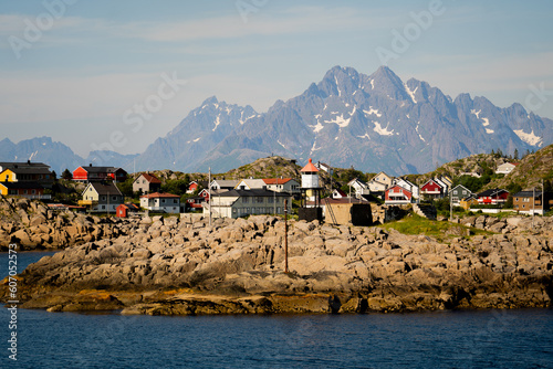 Village near Lofoten, with mountains in the background