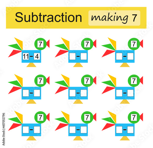 Mathematical puzzle game for kids. Subtraction. Making 7.