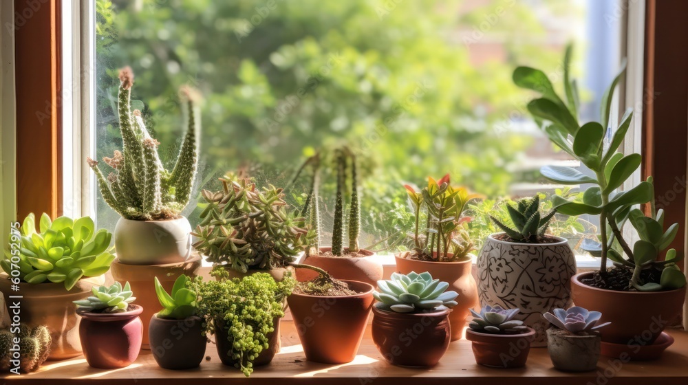 small cacti in pots on the windowsill in pots at home. Home gardening concept. Miniature succulents. indoor and ornamental plants in pots. plant care. Generative AI