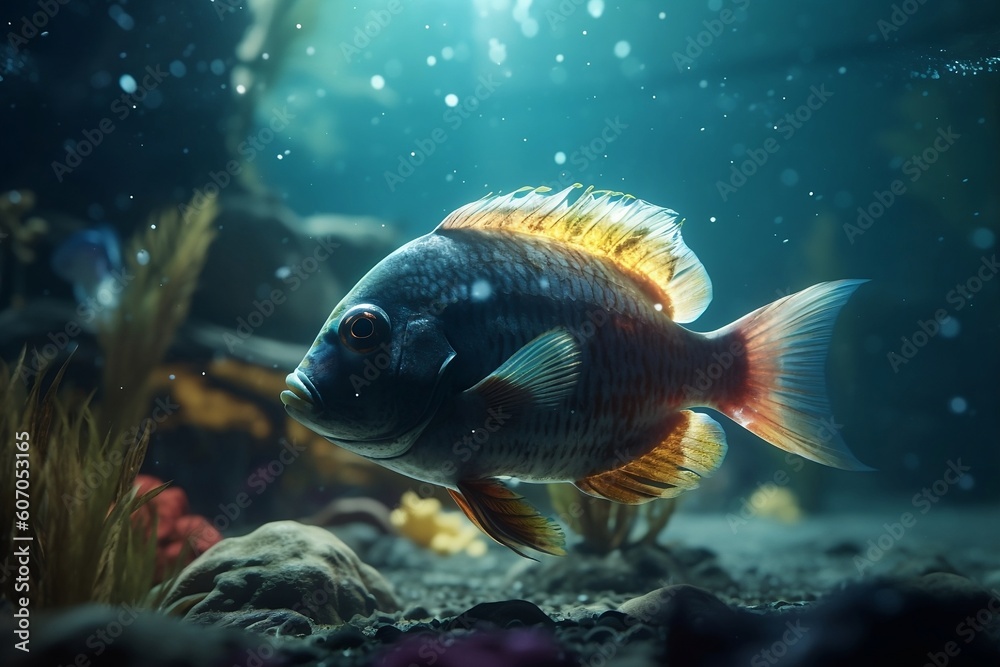 A beautiful fish swims at the bottom of the sea. 
