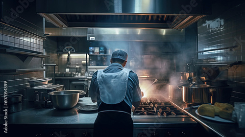 Backside of a chef is cooking in the modern restaurant kitchen, Generative AI © Sasint
