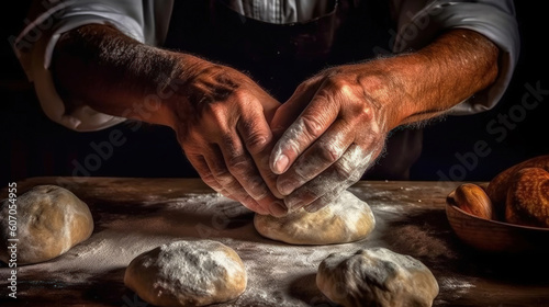 Man preparing bread dough on wooden table in a bakery close up old man kneading dough, making bread using traditional recipe, isolated on black background, Generative AI