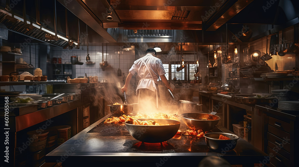 Backside of Chef cooking in a busy restaurant kitchen, Generative AI