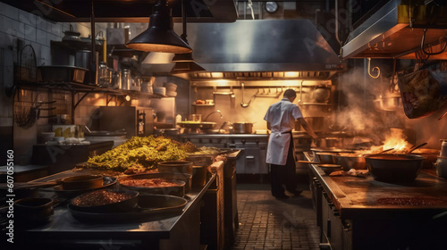 Backside of Chef cooking in a busy restaurant kitchen, Generative AI