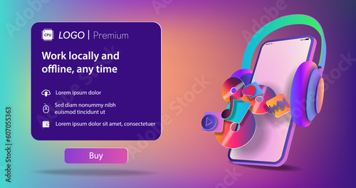 mobile phone studio headphones and music icons horizontal sale banner