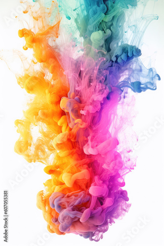 Multicolored paint in water on a white background. AI generated. Yellow, pink, green, blue colors. 