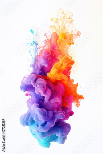 Multicolored paint in water on a white background. AI generated. Pink, orange, blue colors.