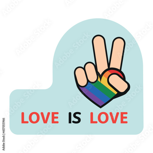 Hands make heart sign lgbt rainbow color with word love is love on white Background, lgbt support concept. Illustration, Poster, Postcard, Vector, Tshirt, Background or wallpaper. 