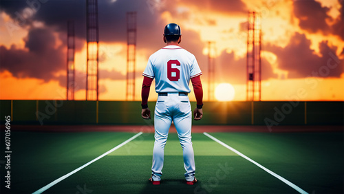 Baseball player standing on field from behind ready to play. Generative AI
