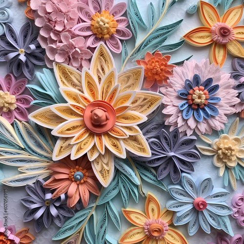 3D Floral Paper Quilling Pastel Colors. Generative AI