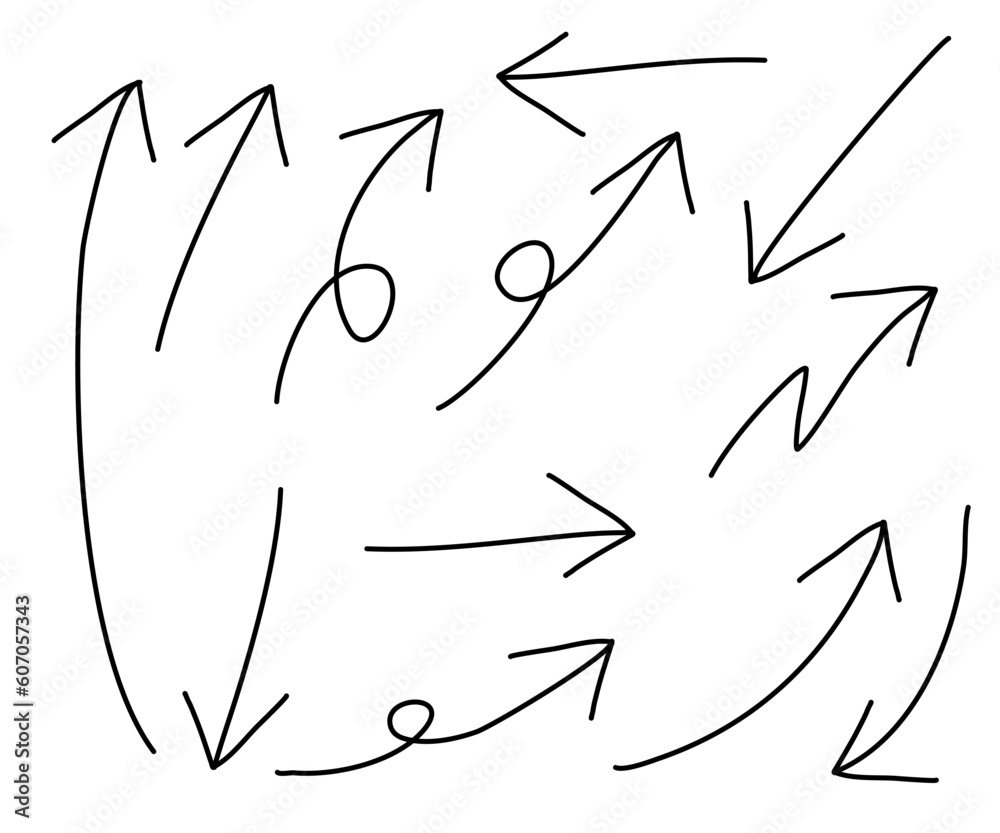 Isolated vector arrows, hand drawn on a white background.