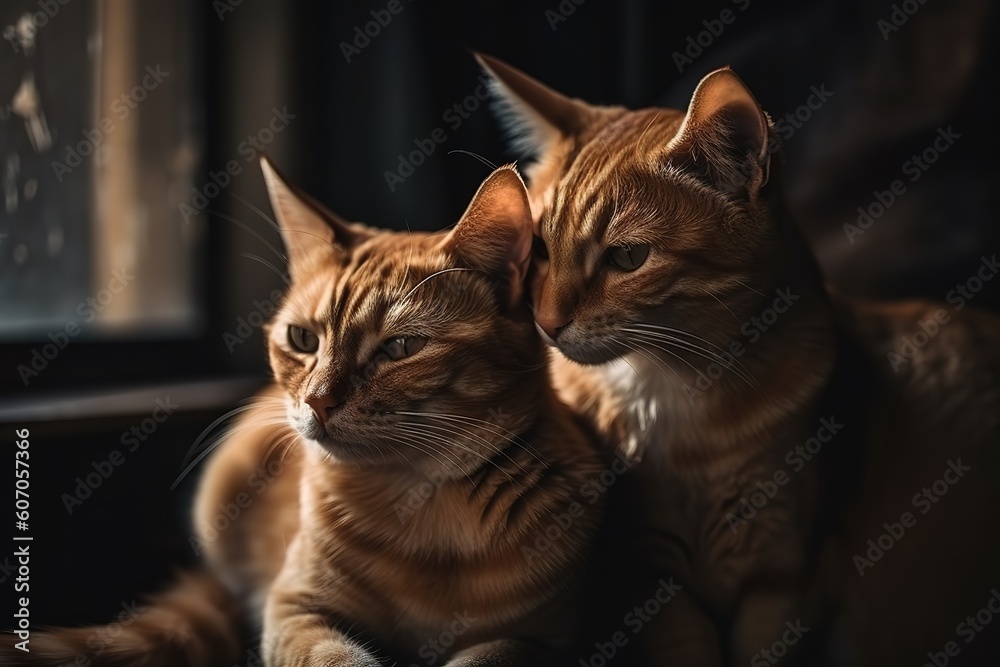 Two playful and affectionate cats with this stunning photo. The two adorable felines are captured in a moment of rest and relaxation, looking cozy and they play and groom each other, Generative AI