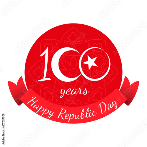 100 years anniversary Republic Day of Turkey. Design with number 100 included white crescent and star on red background, ribbon and traditional pattern. 29 October. 1923 - 2023, National victory day photo