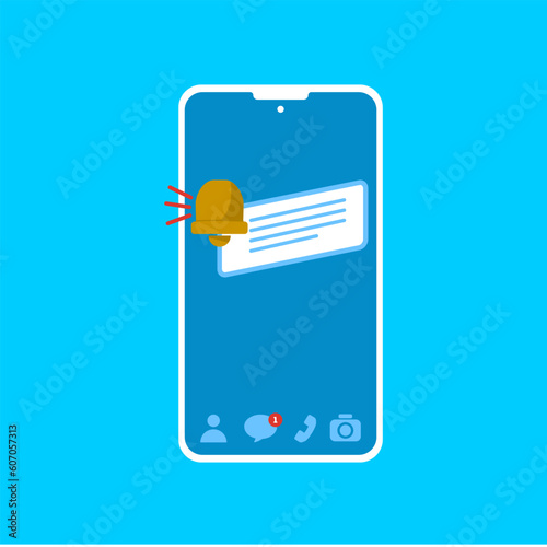 Phone chat notification vector illustration. Bell ringing illustration on the phone screen.