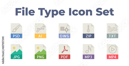 File Extention icon set, File type icons, include psd, ai , dwg ,zip, mp4, mp3, pdf, txt, jpeg, png Vector Eps file