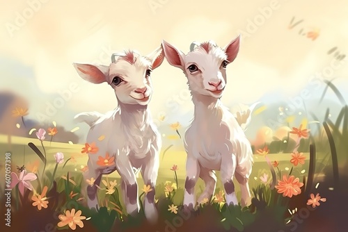 Two little funny baby goats playing in the field with flowers. Farm animals. , Generative AI © Leoarts