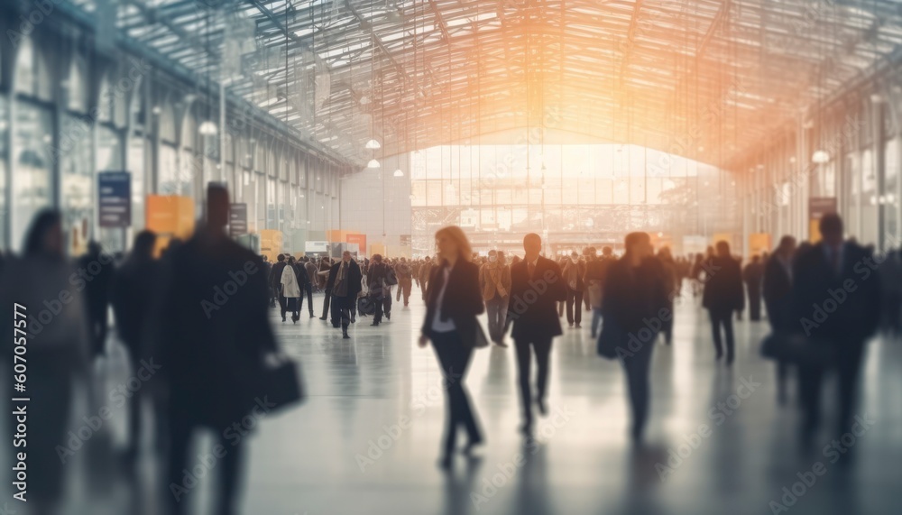 blurred business people at a trade fair or walking in a modern hall, no face photo, Generative AI