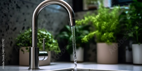 vintage marble kitchen faucet with a white sink and green plant in a stylish modern kitchen. Water tap   faucet. Modern bathroom faucet. Generative AI