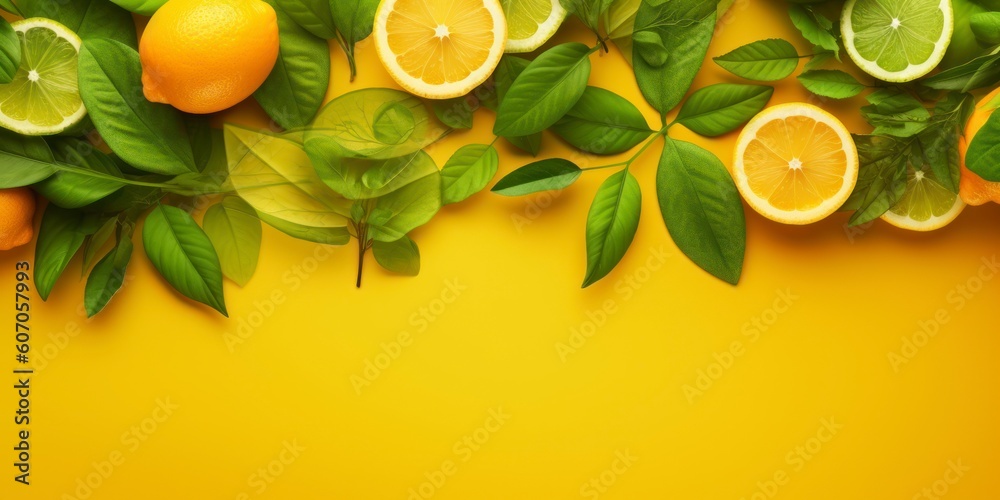Lemon web banner style. Summer tropical background with citrus fruits, leaves and mint leaves. Orange, Strawberry, water melon on yellow background. Summer concept. Generative AI Lemon web banner style. Summer tropical background with citrus fruits, leaves and mint leaves. Orange, Strawberry, water melon on yellow background. Summer concept. Generative AI