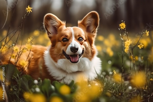 Happy corgi dog sitting in dandelions in the grass smiling in spring, Generative AI