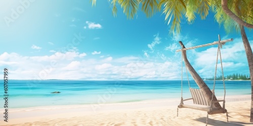 Summer relax landscape with beach swing or hammock and white sand and calm sea. Tropical beach background, exotic fantasy landscapes. Luxury Vacation and summer holiday concept. wide, Generative AI © ayselucar