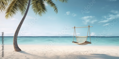 Summer relax landscape with beach swing or hammock and white sand and calm sea. Tropical beach background, exotic fantasy landscapes. Luxury Vacation and summer holiday concept. wide, Generative AI © ayselucar