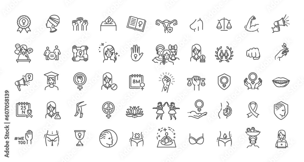 Feminism thin line icons set. Line flat symbols