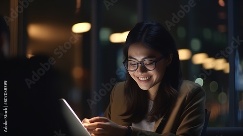 Photo of Young happy busy business woman executive using laptop mobile cell phone tech at office. Professional businesswoman holding smartphone, working on cellphone. Generative ai. © Svfotoroom