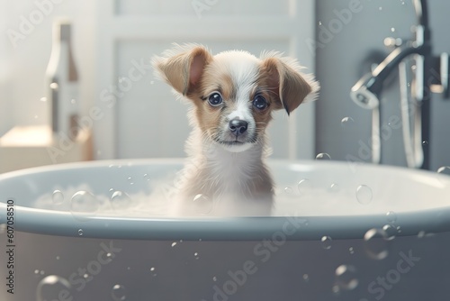 Cute puppy dog in bathtub, pets cleaning, Generative AI © Leoarts