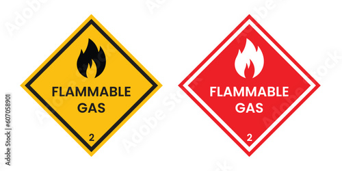 Flammable gas 2 icons set. Highly compressed flammable gas tank sign. Yellow and red industrial gas storage warning sign. photo