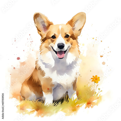 Generative AI corgi dog watercolor illustration isolated on white background 