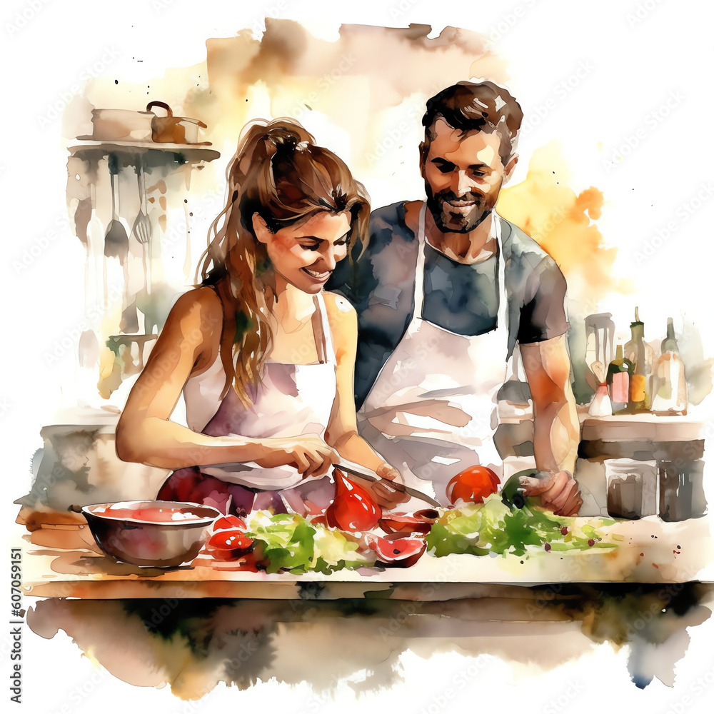 AI generated Happy Couple Cooking Fresh Organic Vegetable Surprise in Trendy Watercolor-Style Loft Kitchen
